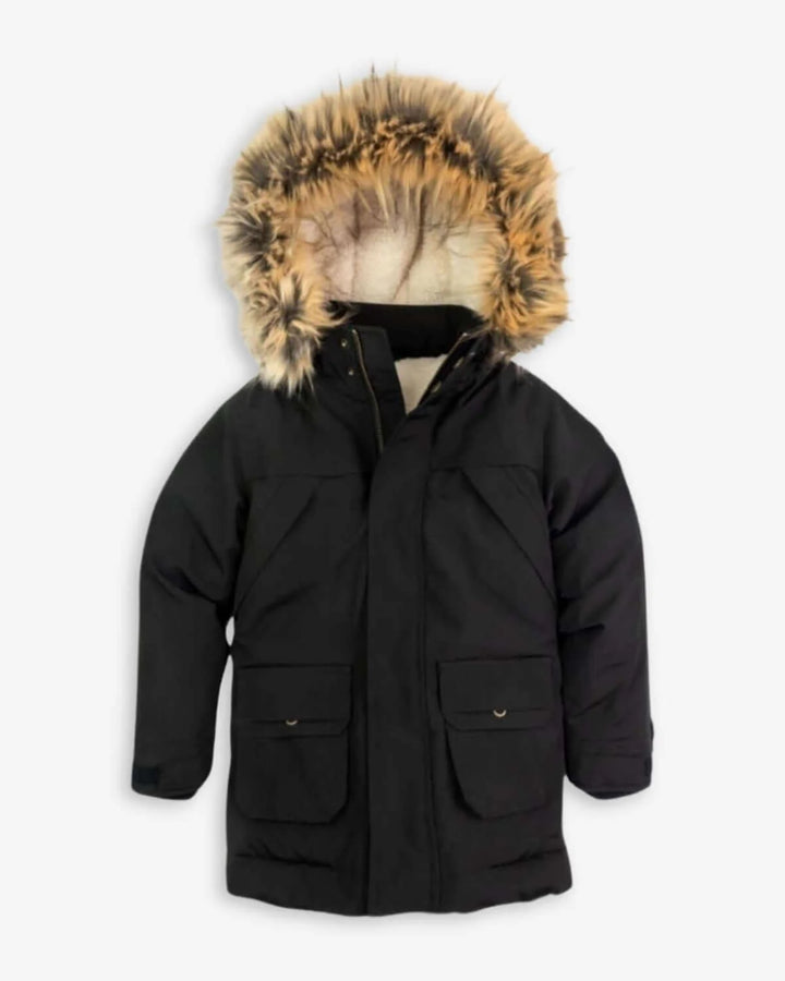 coat hidden zipper sherpa inside with fur hood - black