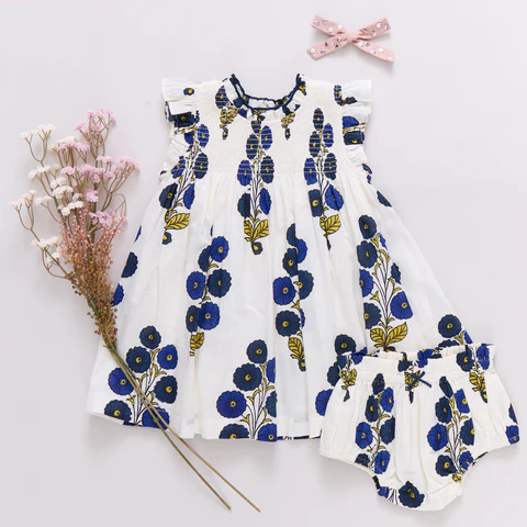 dress smocked buttercup floral flutter with bloomers - navy buttercup flral