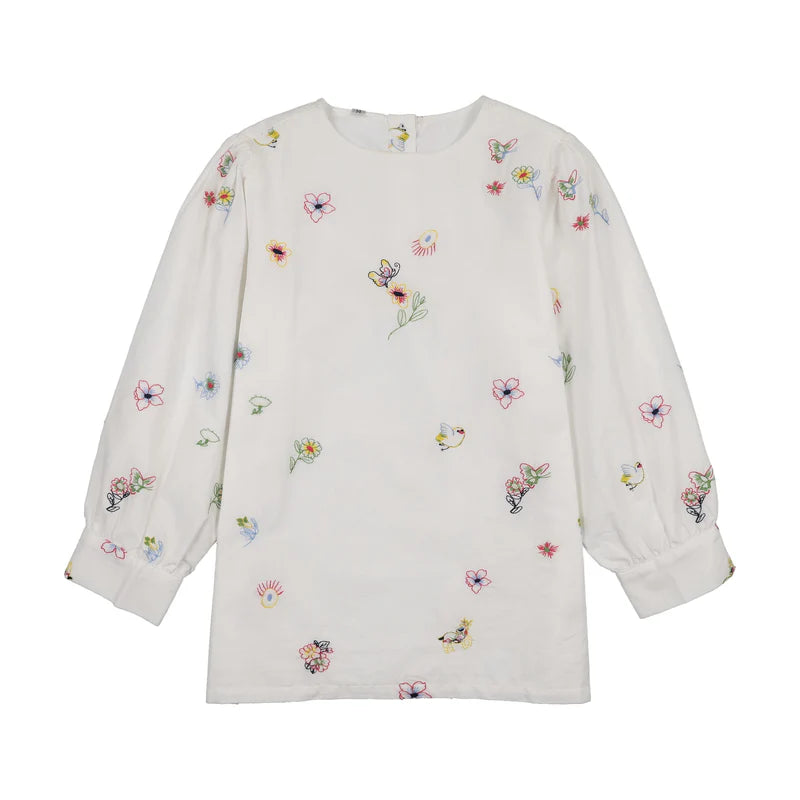 set outfit allover embroidered shirt and pleated skirt - white