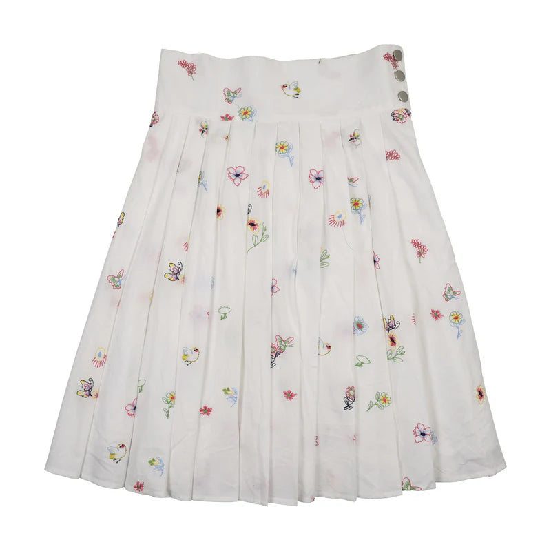set outfit allover embroidered shirt and pleated skirt - white