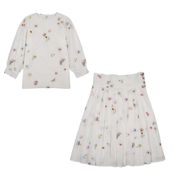 set outfit allover embroidered shirt and pleated skirt - white