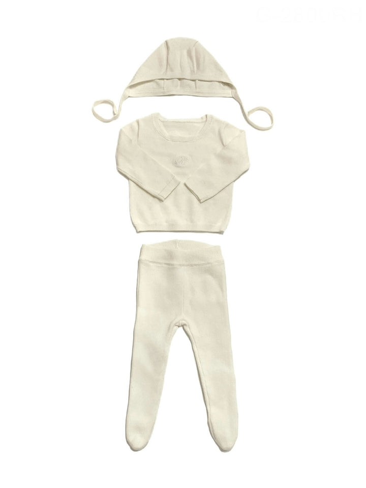 set knit sweater and footie pants with bonnet and blanket - white