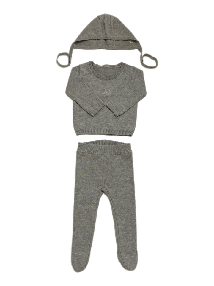 set knit sweater and footie pants with bonnet and blanket - grey