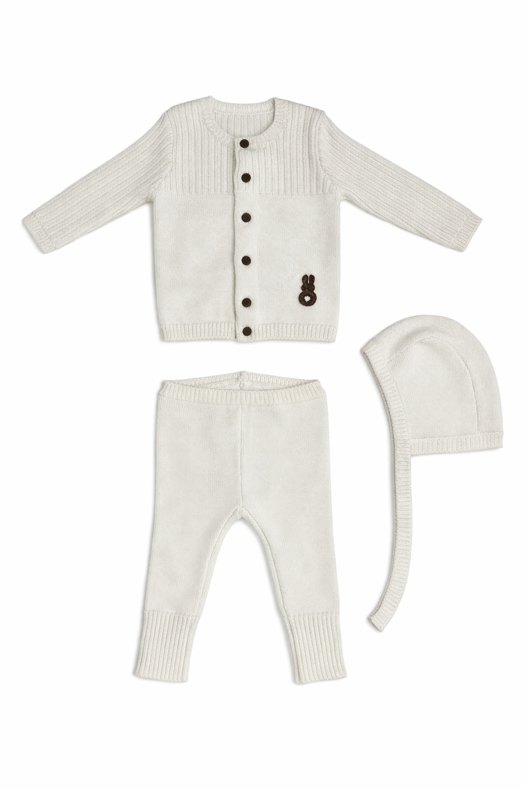 set outfit knit bunny cardigan and leggings with bonnet - white
