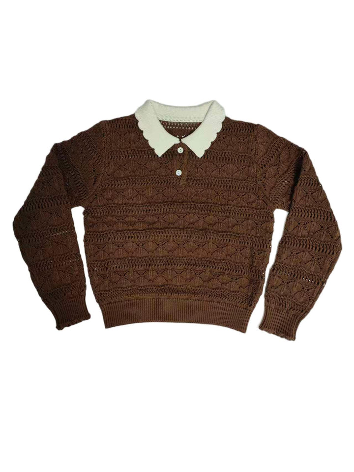 top l/s wave knit collared sweater - caramel