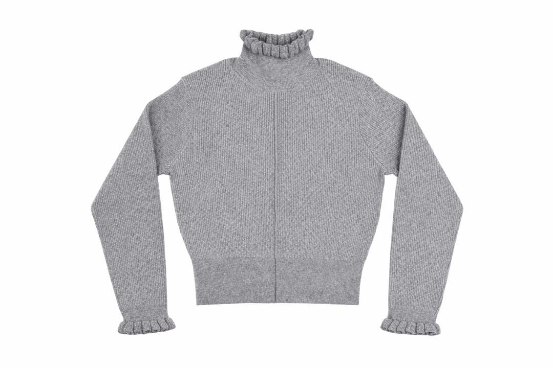 top l/s cropped knit frill turtleneck - grey