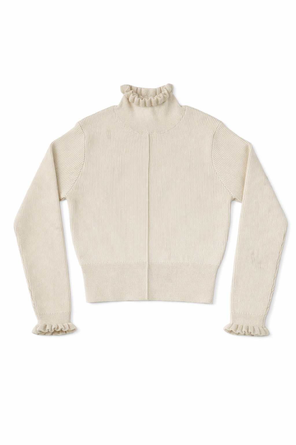 top l/s cropped knit frill turtleneck - oatmilk