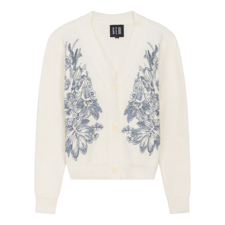 top l/s set twin knit embroidery - winter white/navy