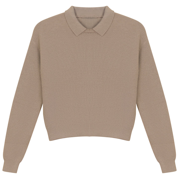 top l/s knit crew neck collared sweater - oat