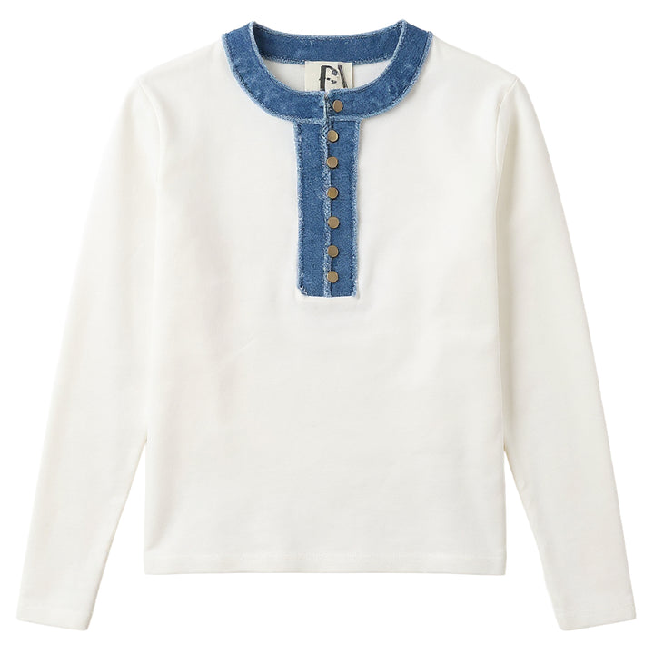 tee l/s denim raw edge detail - white