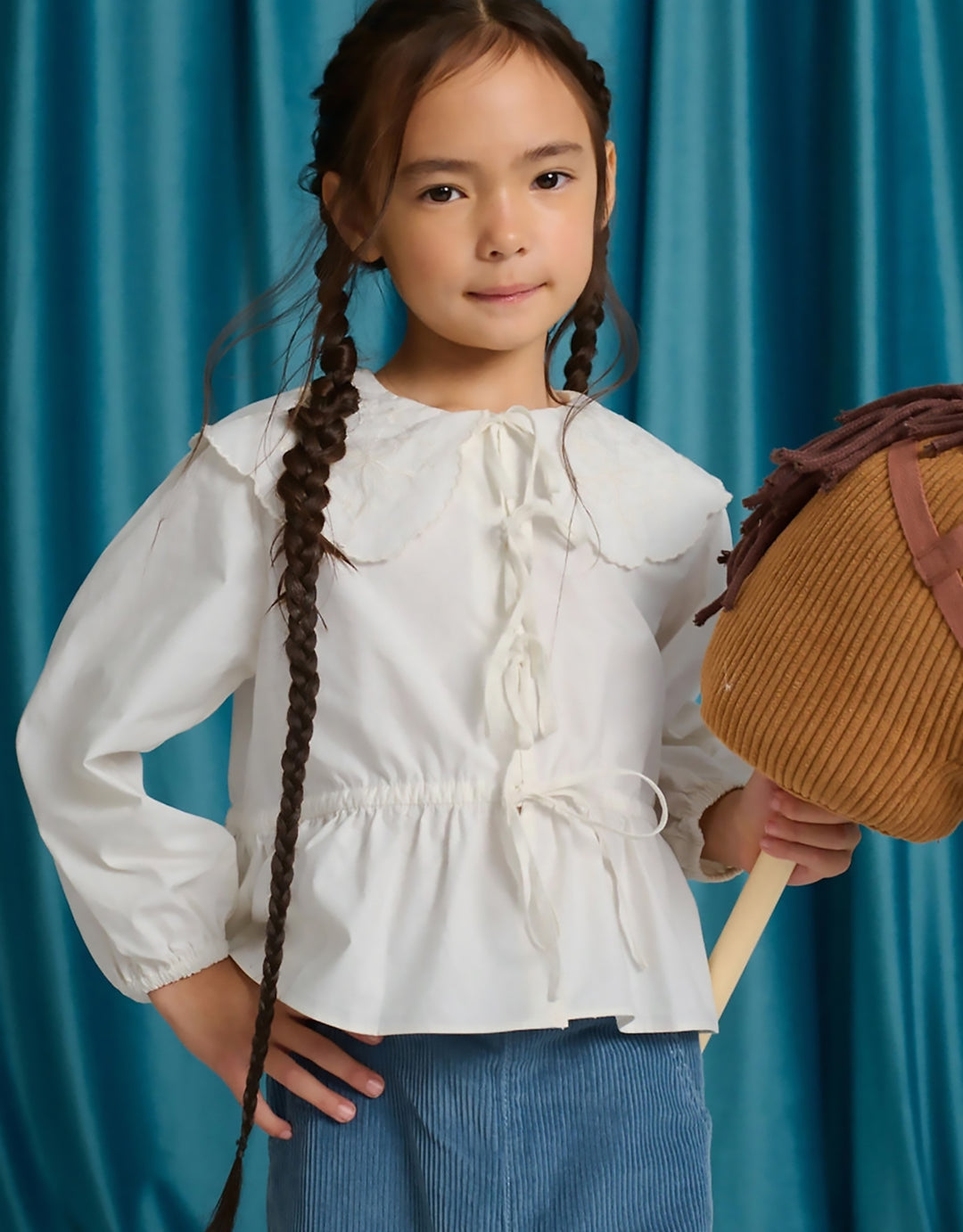 shirt l/s large embroidered collar bow tie blouse - off white