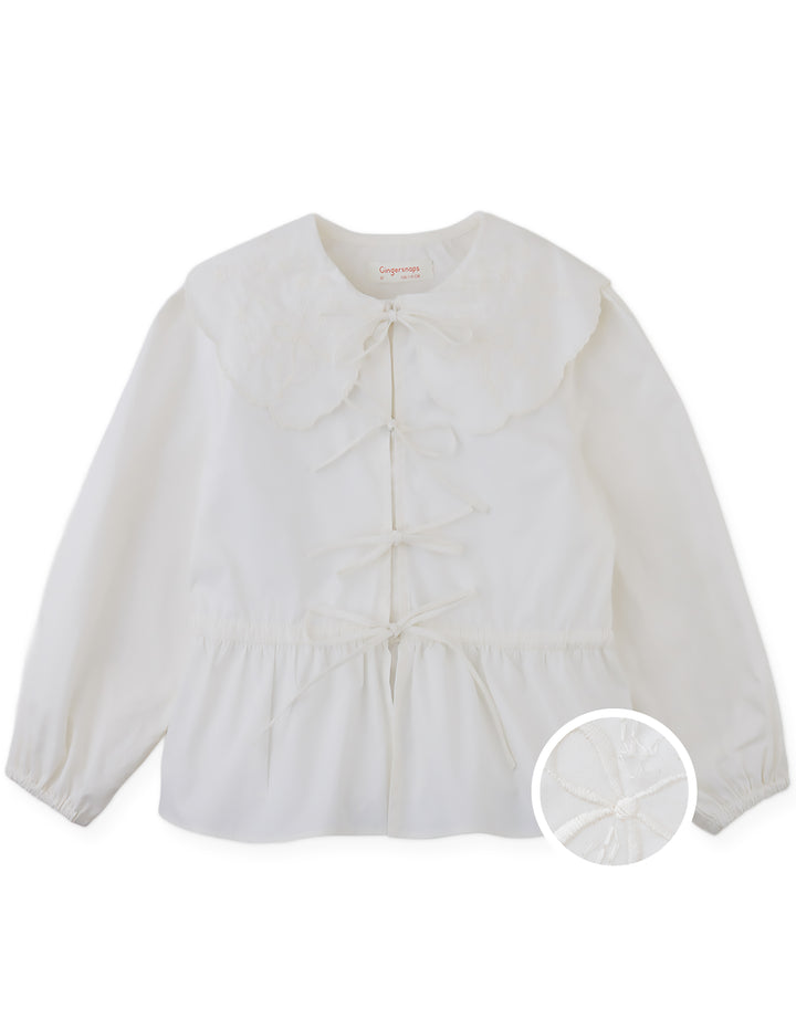 shirt l/s large embroidered collar bow tie blouse - off white