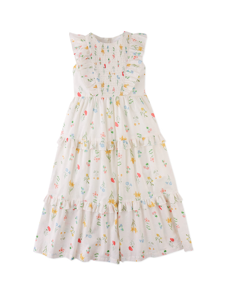 maxi dress tiered smocked floral with flutter sleeves - multi color