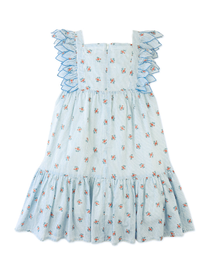 dress smocked stripe print with flutter sleeves - blue