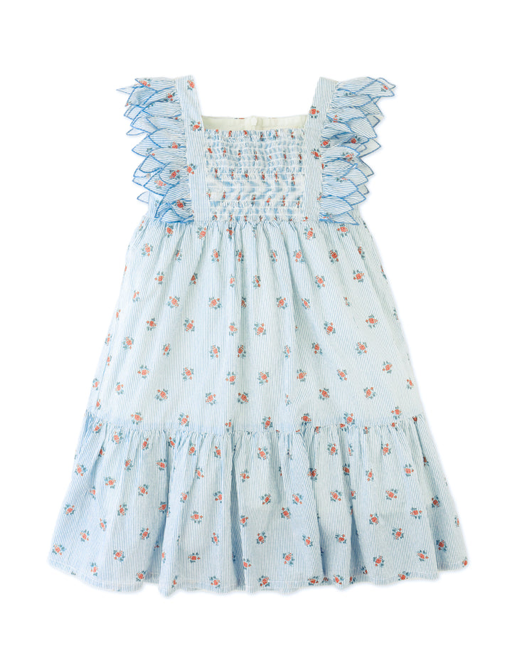 dress smocked stripe print with flutter sleeves - blue