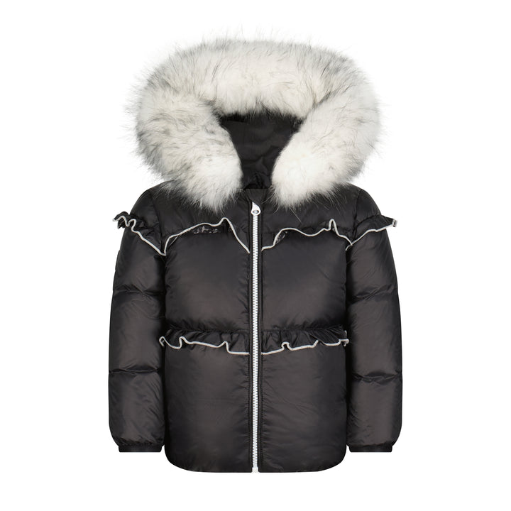 coat ruffled with white fur hood - black