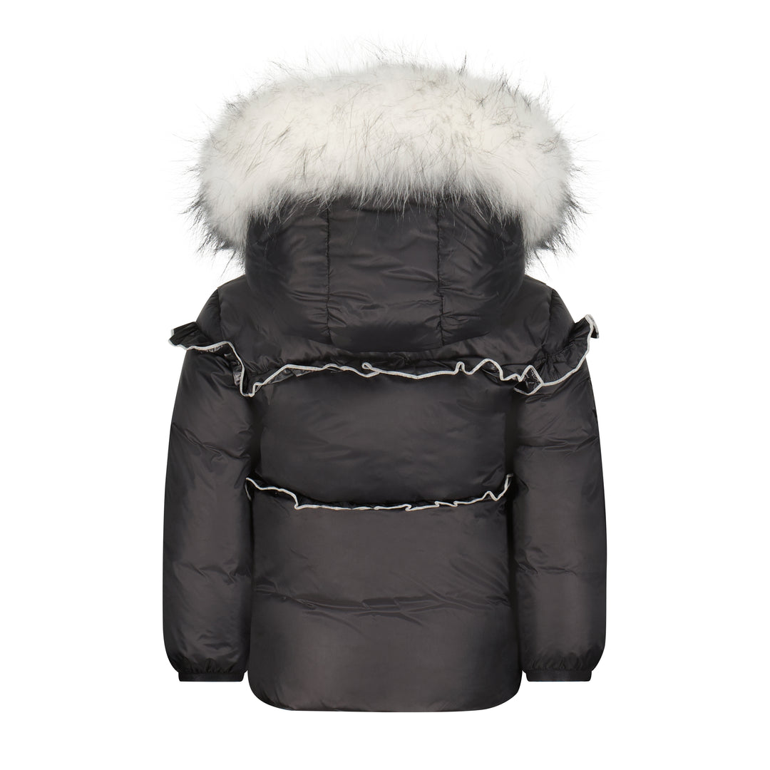 coat ruffled with white fur hood - black