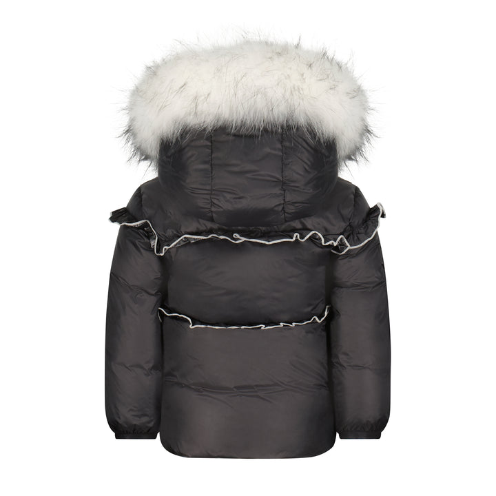 coat ruffled with white fur hood - black