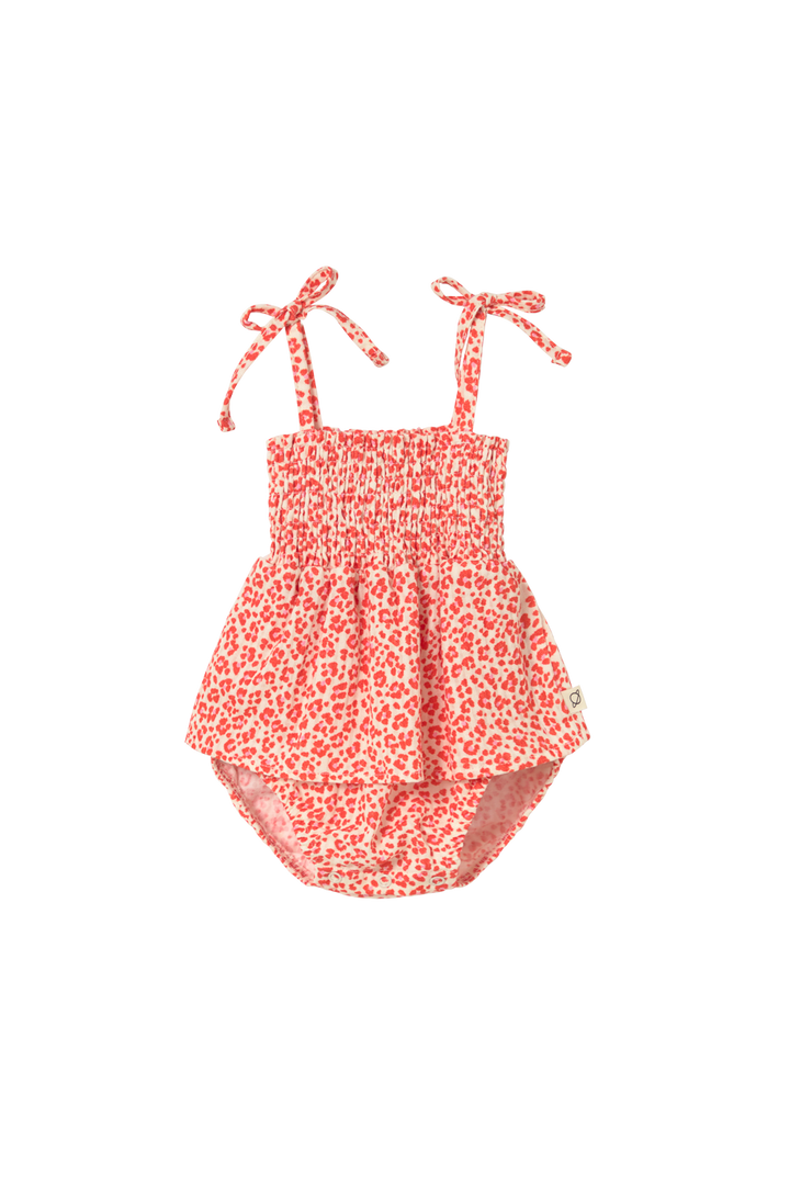 one piece leopard print smocked bubble romper - tomato