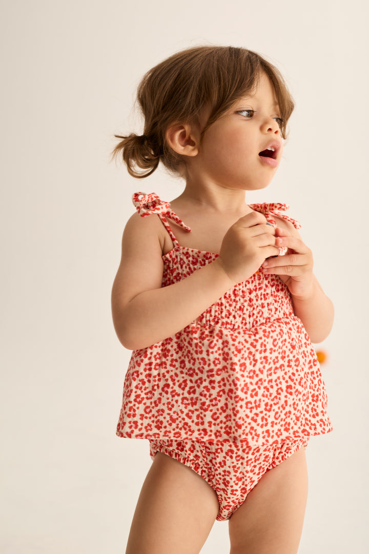 one piece leopard print smocked bubble romper - tomato