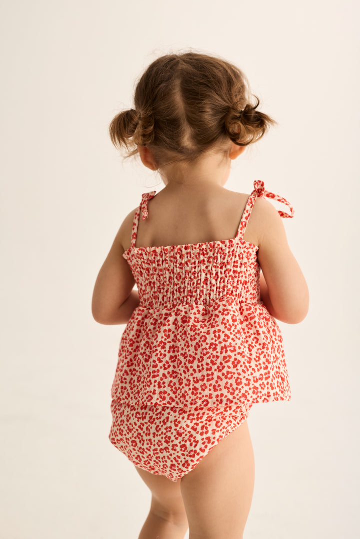 one piece leopard print smocked bubble romper - tomato