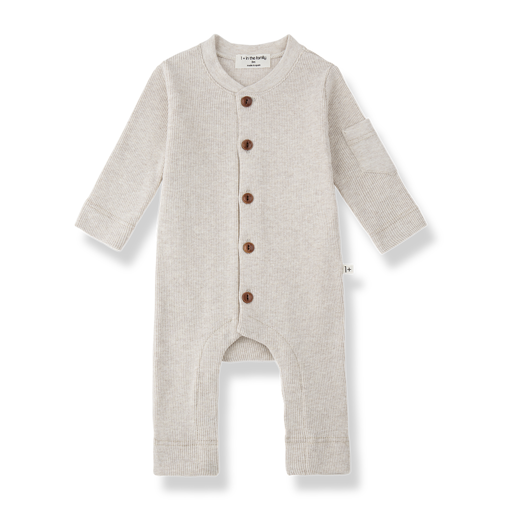 one piece ribbed button down long romper with beanie - rice
