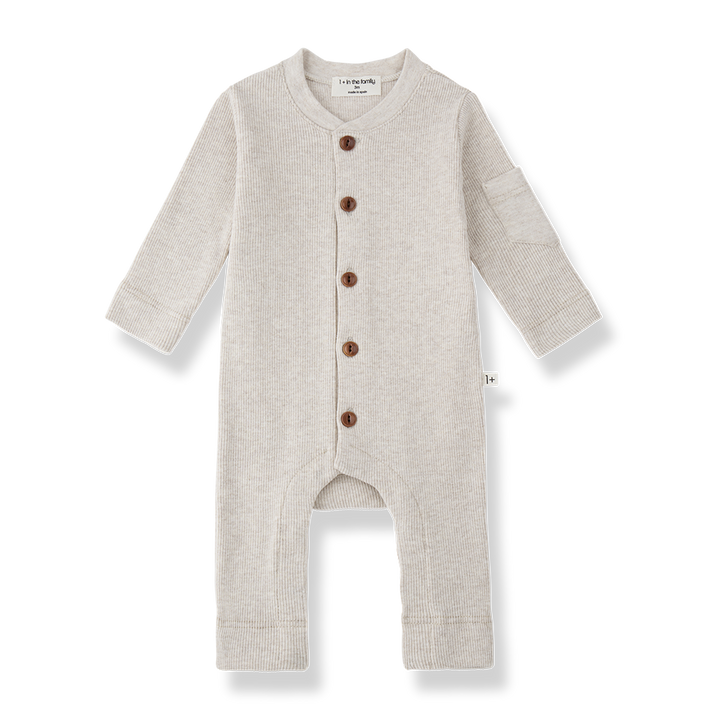 one piece ribbed button down long romper with beanie - rice