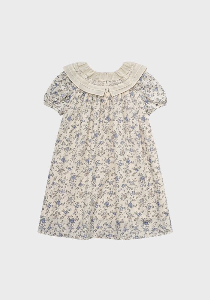 dress floral printed with lace detail collar - blue