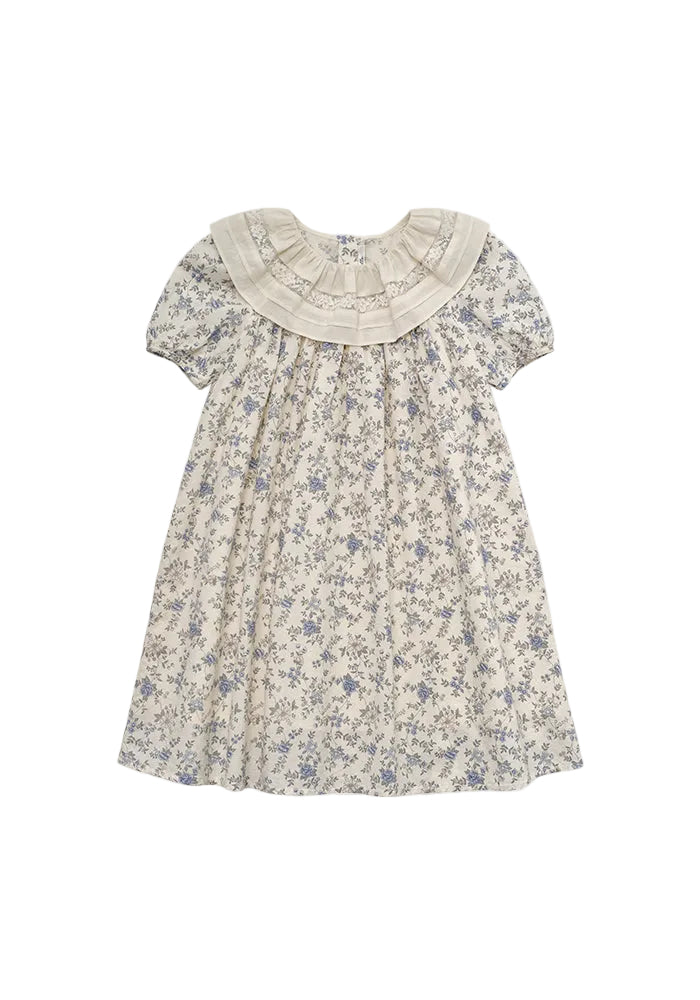 dress floral printed with lace detail collar - blue