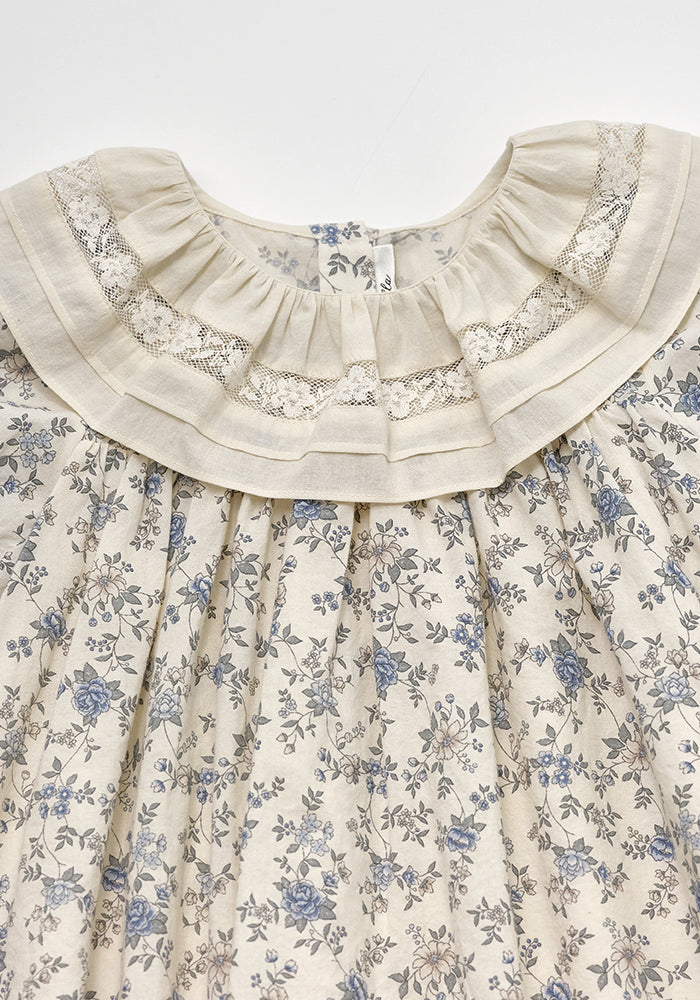 dress floral printed with lace detail collar - blue