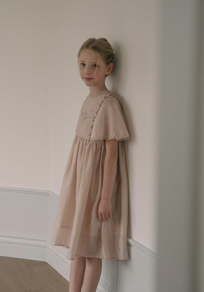 dress criss cross stitch embroidered with lace trim - peach beige