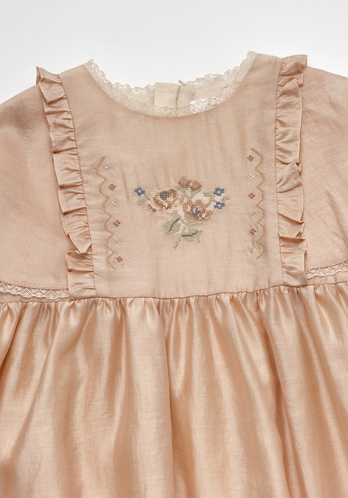 dress criss cross stitch embroidered with lace trim - peach beige