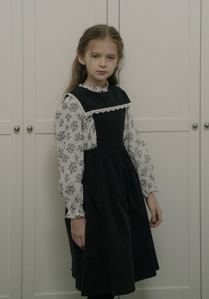 dress corduroy lace trim bib jumper with floral blouse - vintage navy