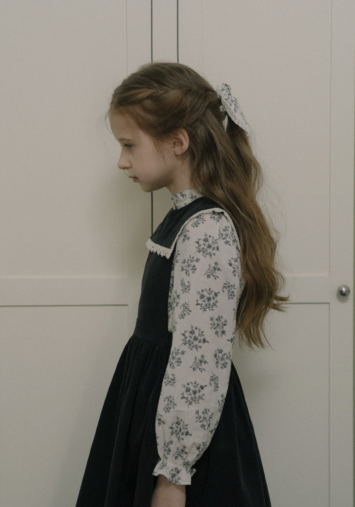 dress corduroy lace trim bib jumper with floral blouse - vintage navy