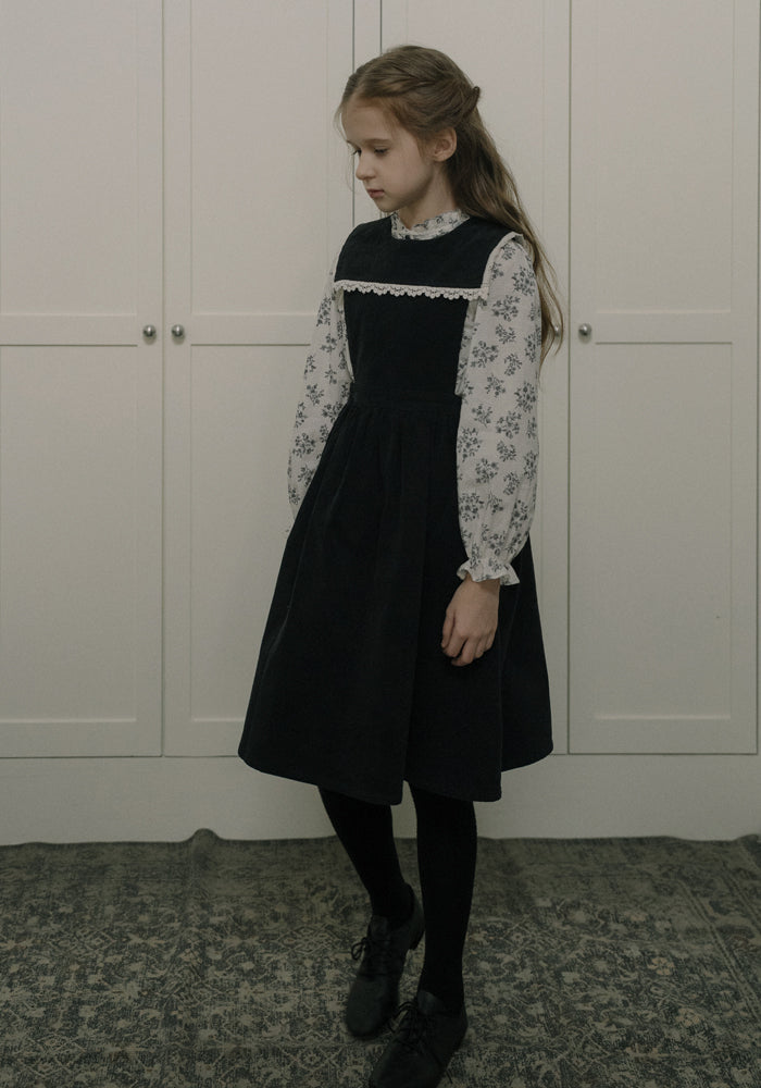 dress corduroy lace trim bib jumper with floral blouse - vintage navy