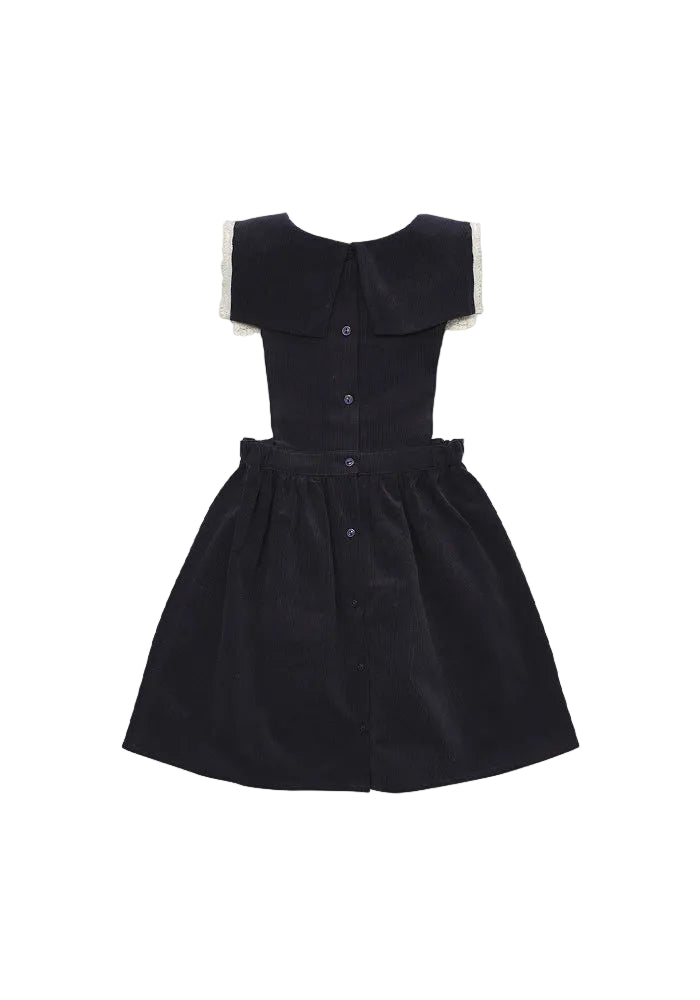 dress corduroy lace trim bib jumper with floral blouse - vintage navy