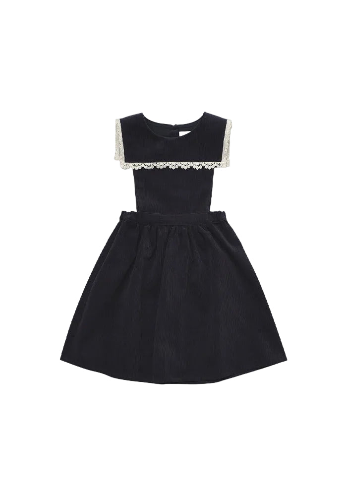 dress corduroy lace trim bib jumper with floral blouse - vintage navy