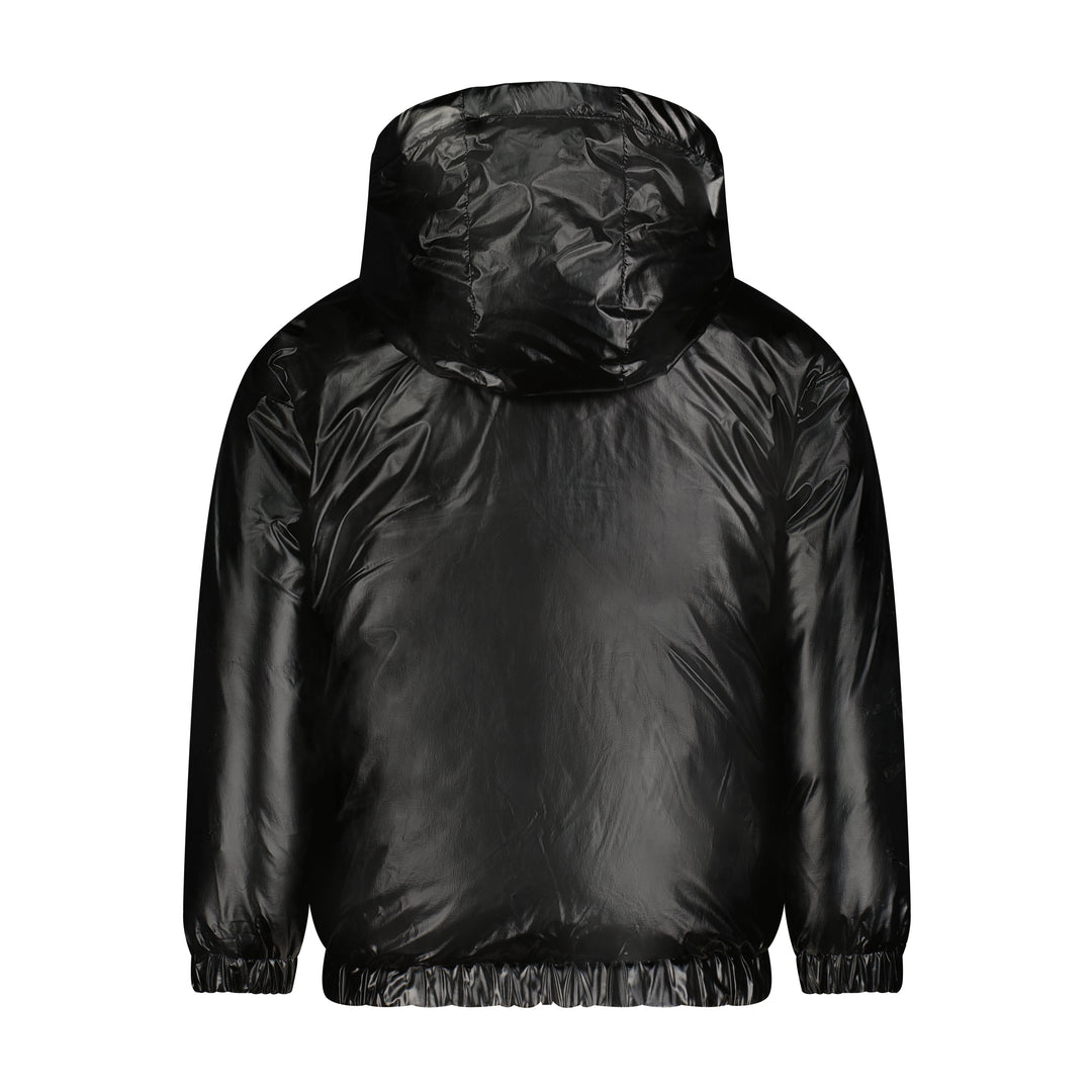coat glossy logo ribbon zip up with hood - black
