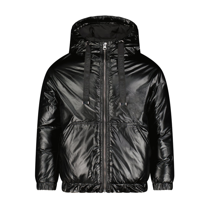 coat glossy logo ribbon zip up with hood - black