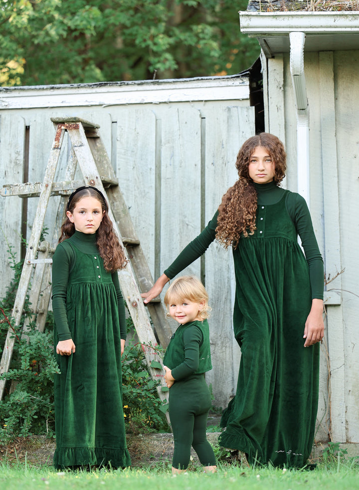 one piece velour overalls and mockneck onesie - green
