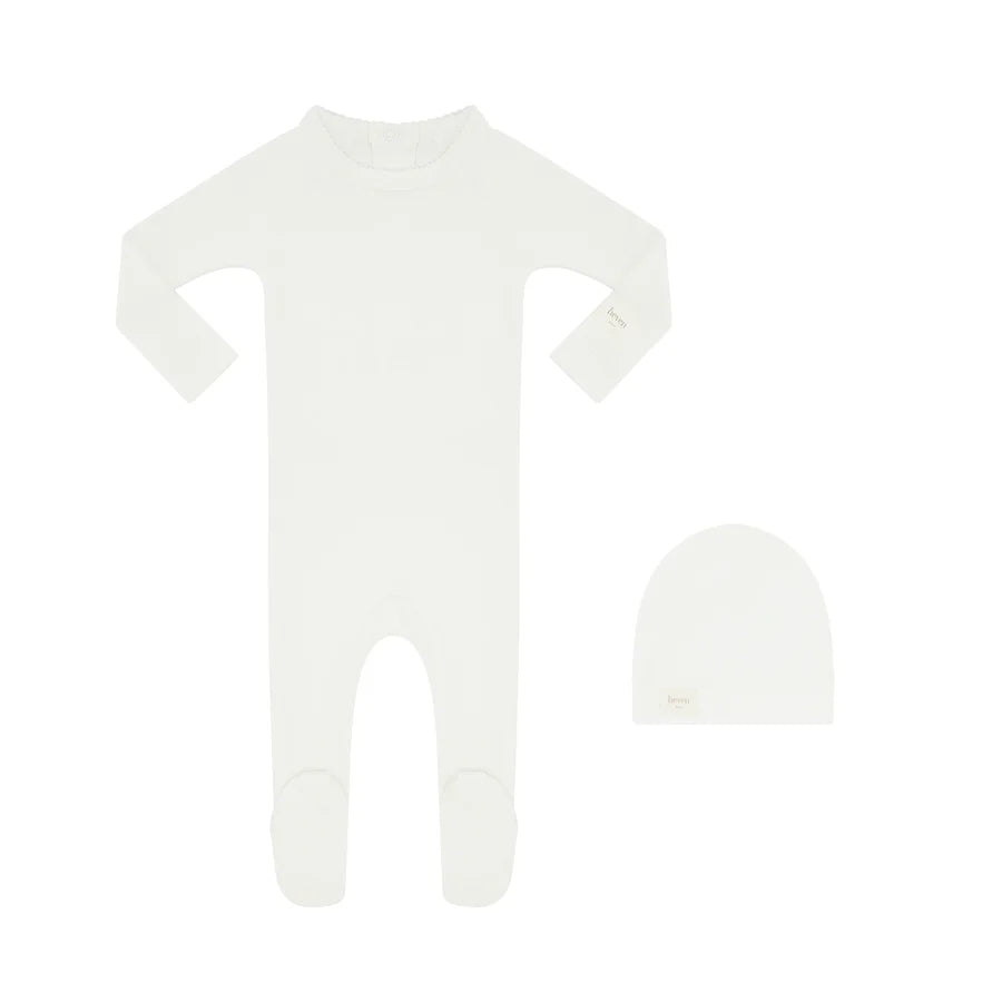 set knit wrap top and footie pants with beanie - ivory