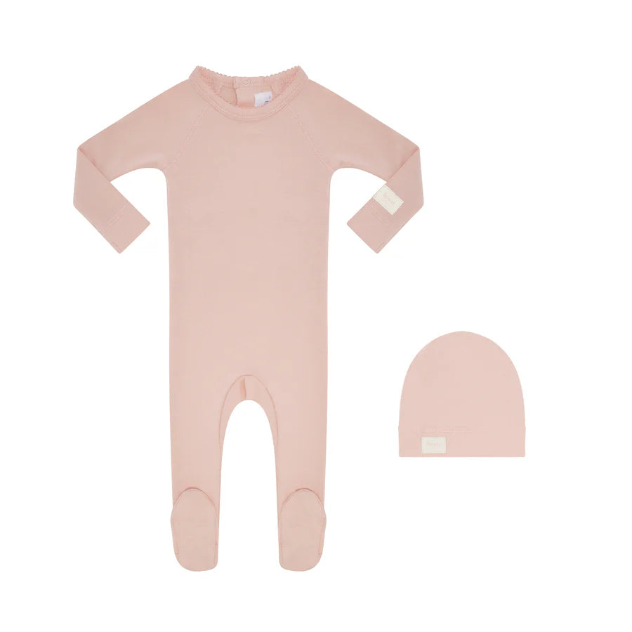 set knit wrap top and footie pants with beanie - pink