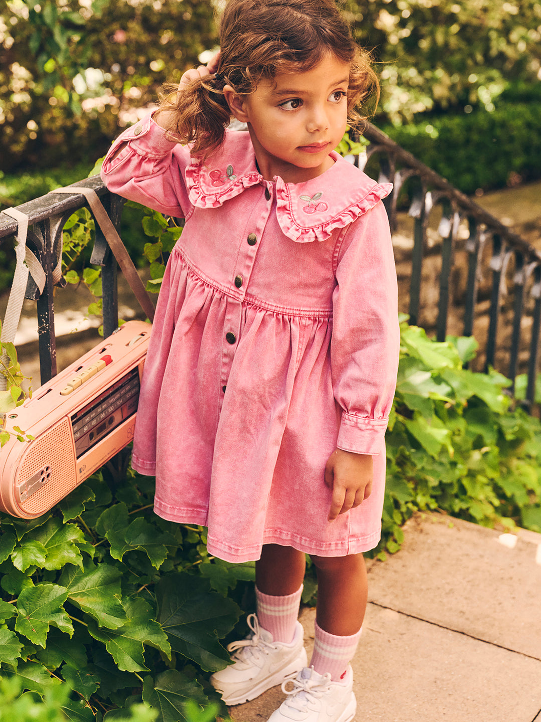 dress washed with cherry on collar - bubblegum