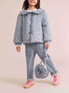 jacket striped padded snap with bow collar - blue stripe
