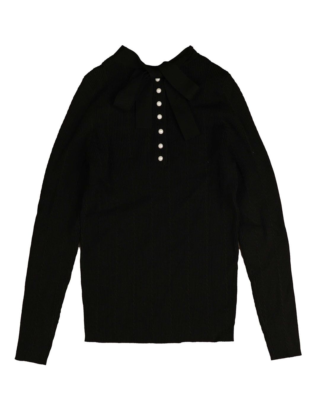 top l/s knit ribbed button back - black