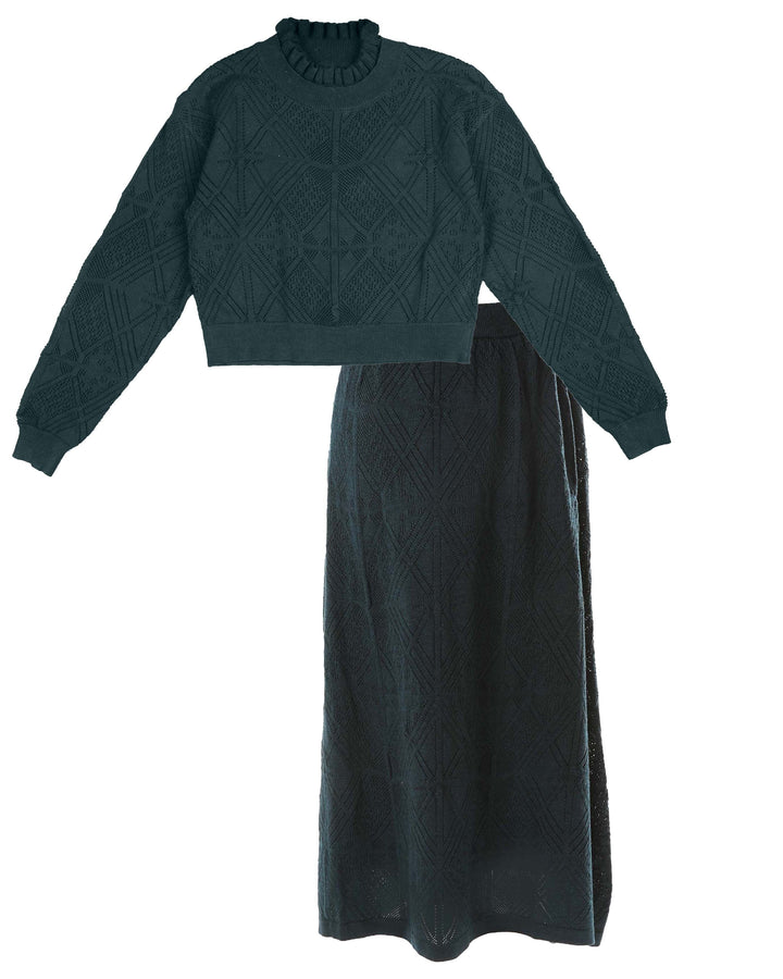 set outfit knit pointelle top and skirt - teal