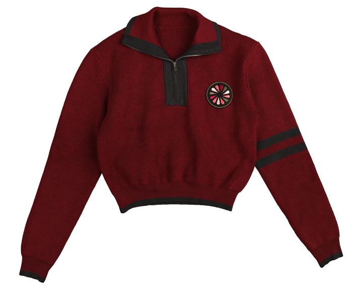 top l/s contrast trim ribbed knit half zip sweater - berry