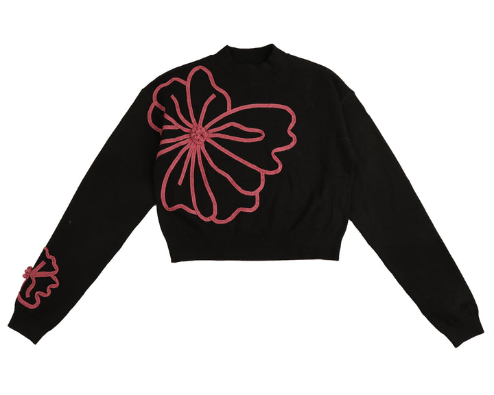 top l/s piped embroidered flower knit sweater - black