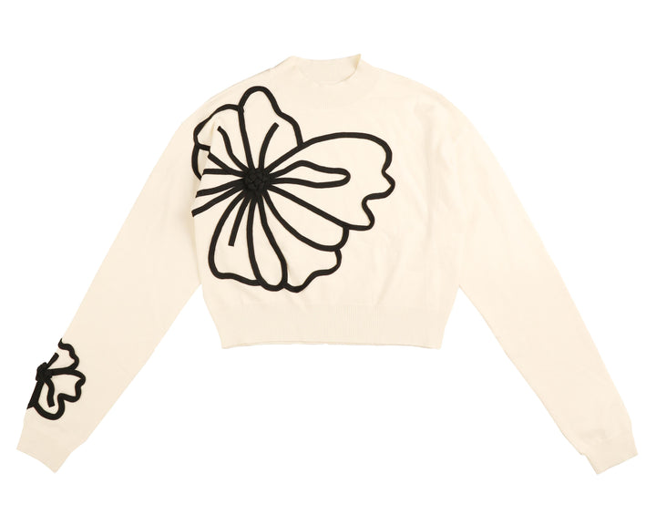 top l/s piped embroidered flower knit sweater - ivory