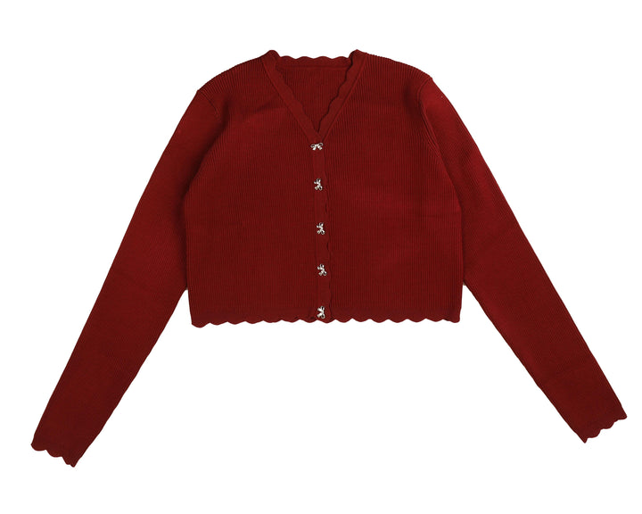 top l/s cardigan bow buttons - burgundy
